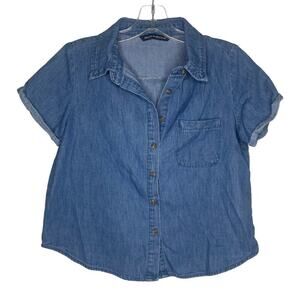 Brandy Melville Womens Top Size S Blue Chambray Short Sleeve Button Up Shirt